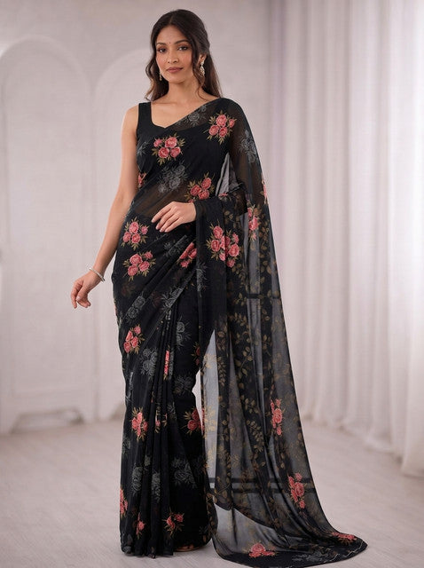 Black Floral Print Georgette Saree