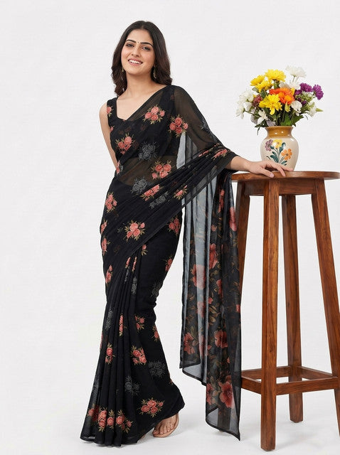 Black Floral Print Georgette Saree