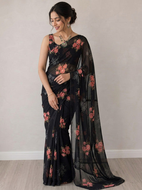 Black Floral Print Georgette Saree