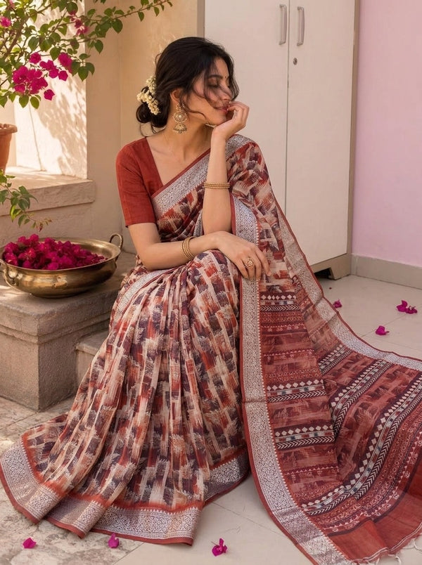 Maroon printed saree with blouse piece