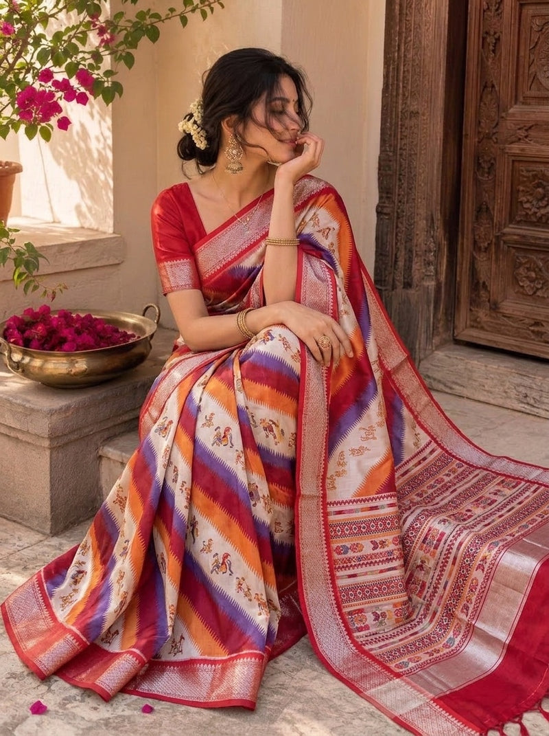 White printed saree with blouse piece