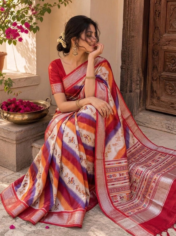 White printed saree with blouse piece