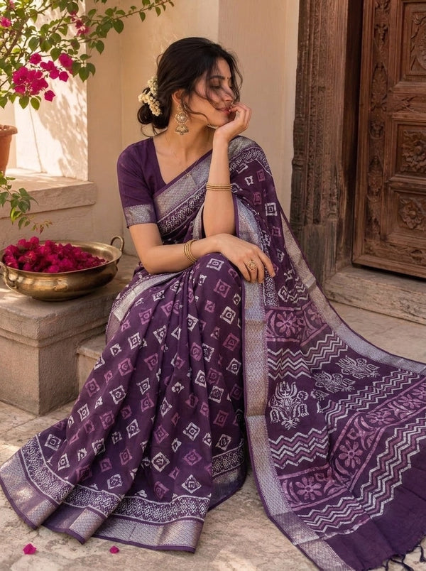 Purple printed saree with blouse piece