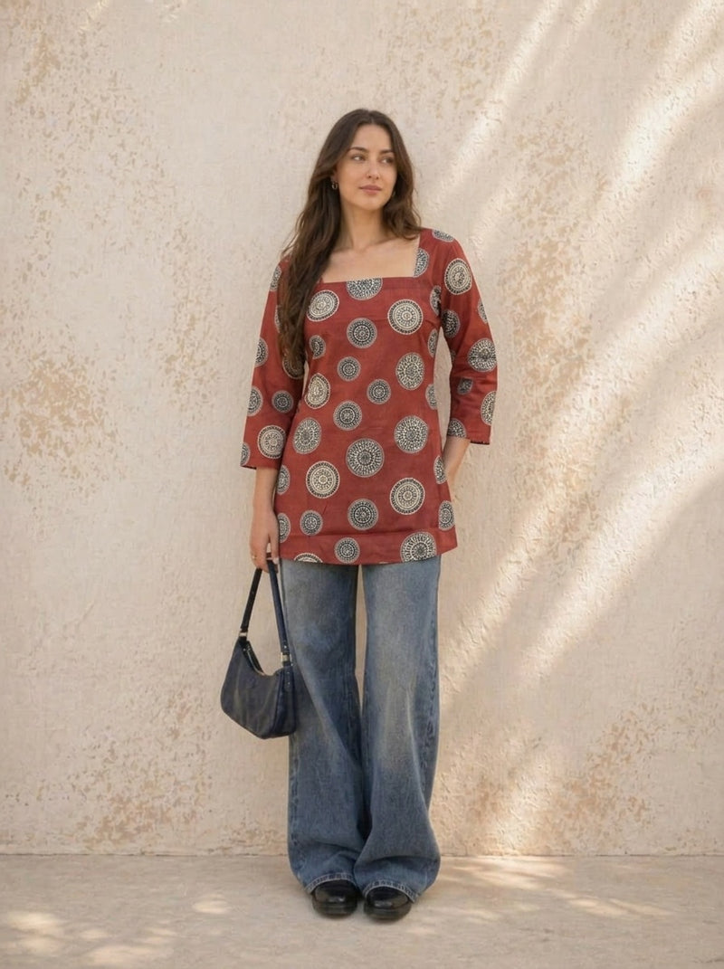 Rust printed short kurti