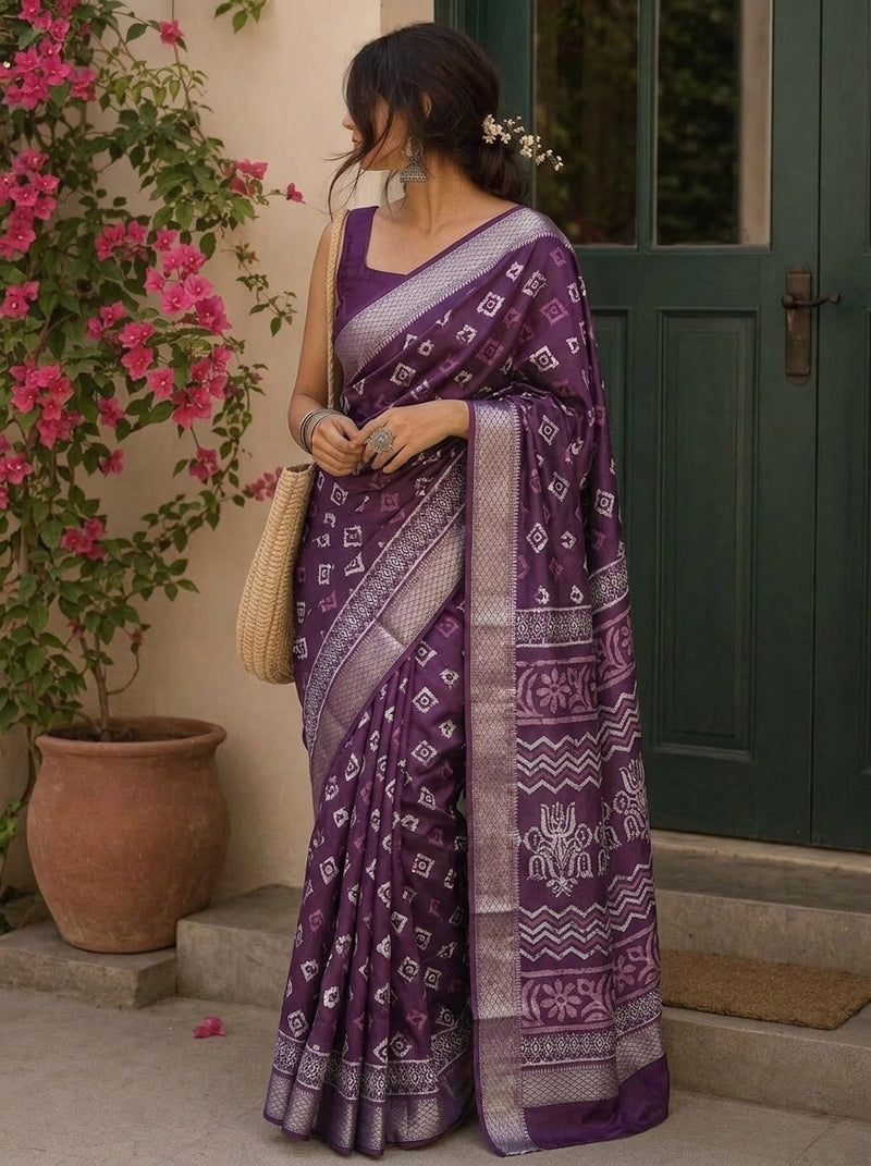 Purple printed saree with blouse piece