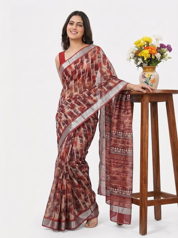 Maroon printed saree with blouse piece