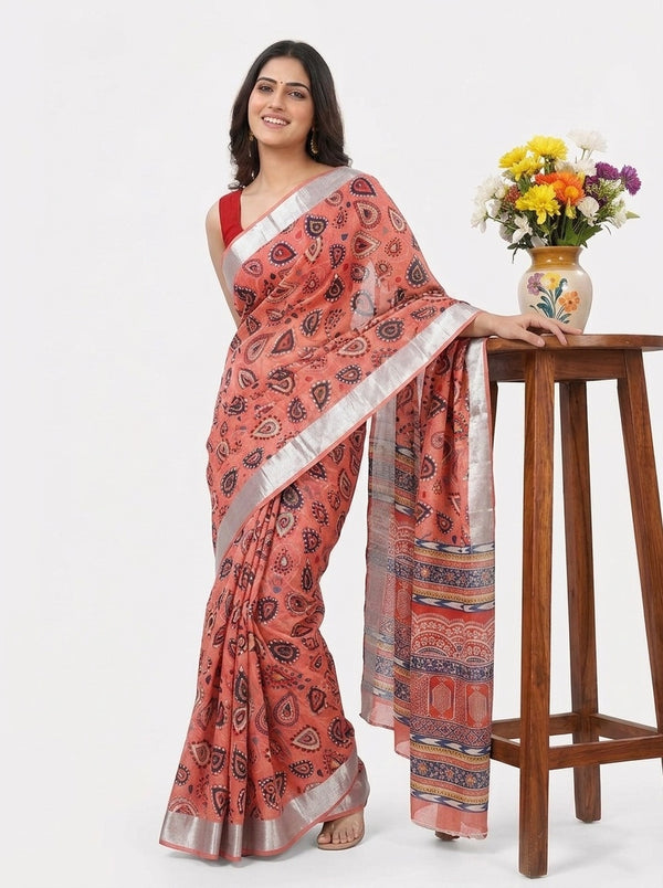 Peach printed saree with blouse piece