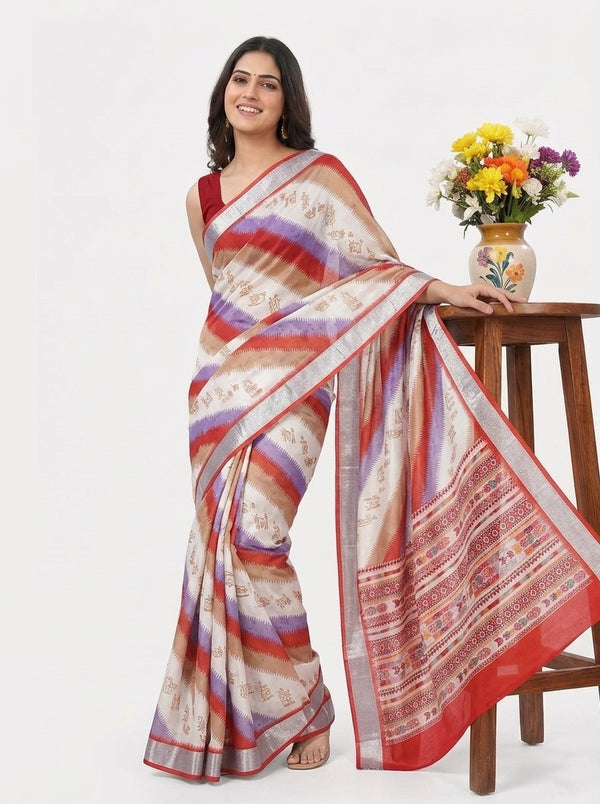 White printed saree with blouse piece