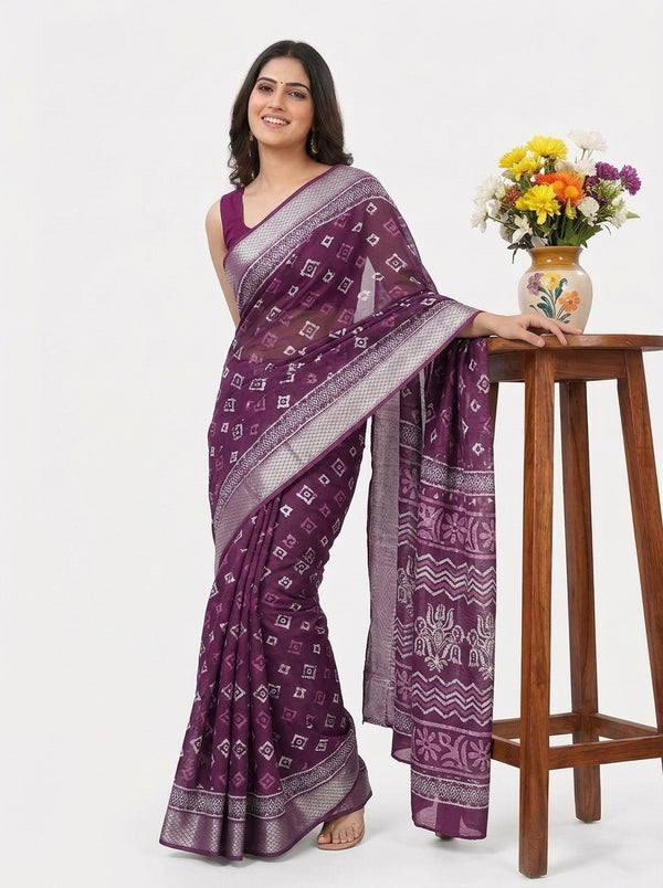 Purple printed saree with blouse piece