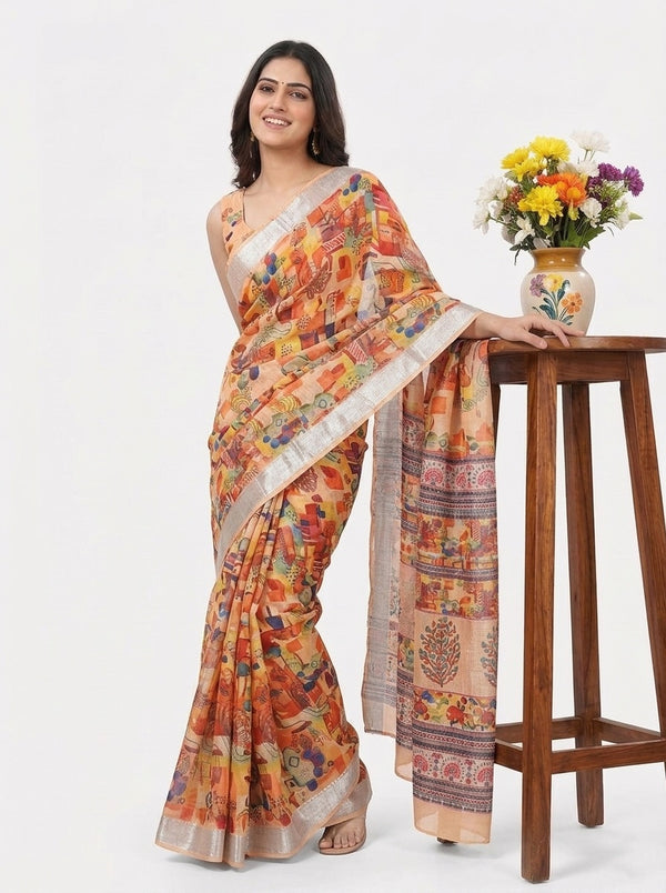 Mustard printed saree with blouse piece