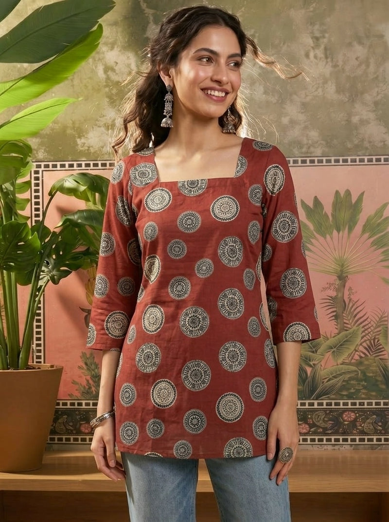 Rust printed short kurti