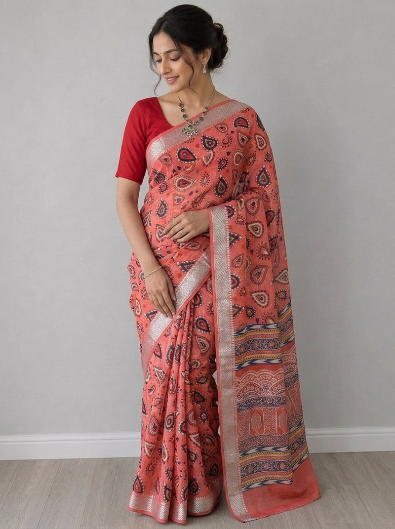 Peach printed saree with blouse piece