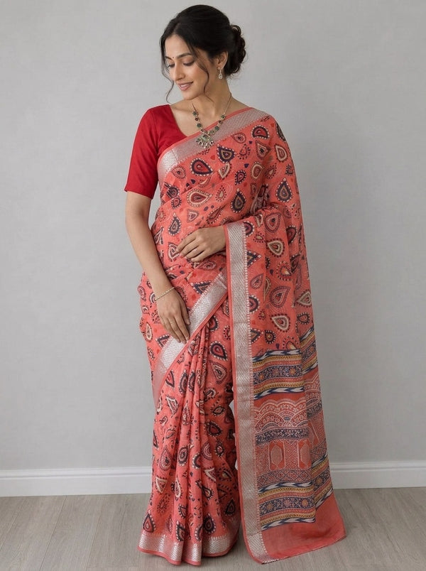 Peach printed saree with blouse piece