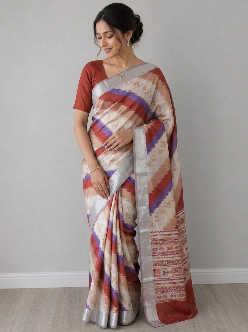 White printed saree with blouse piece