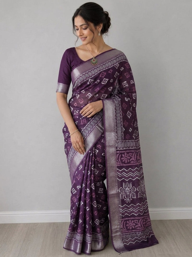 Purple printed saree with blouse piece