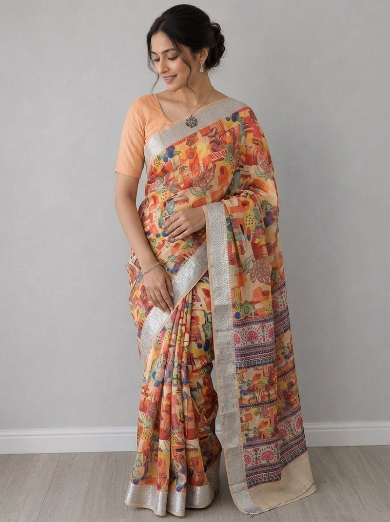Mustard printed saree with blouse piece