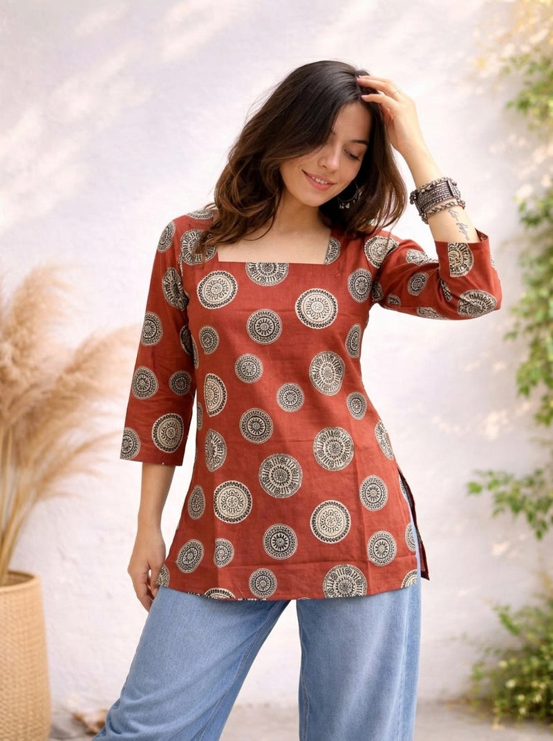 Rust printed short kurti