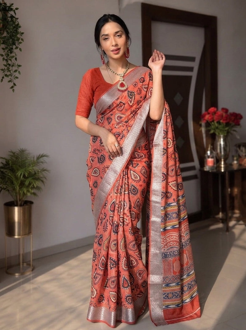 Peach printed saree with blouse piece