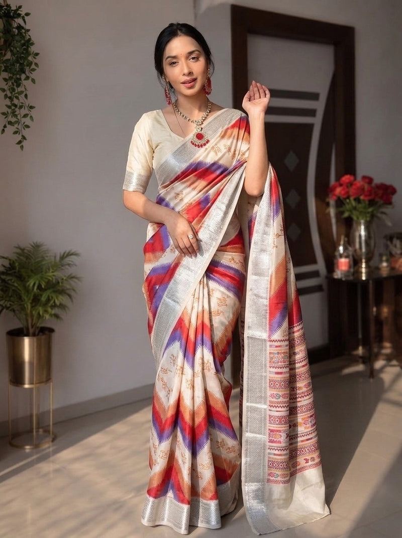 White printed saree with blouse piece