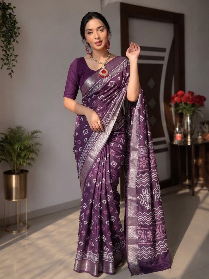 Purple printed saree with blouse piece