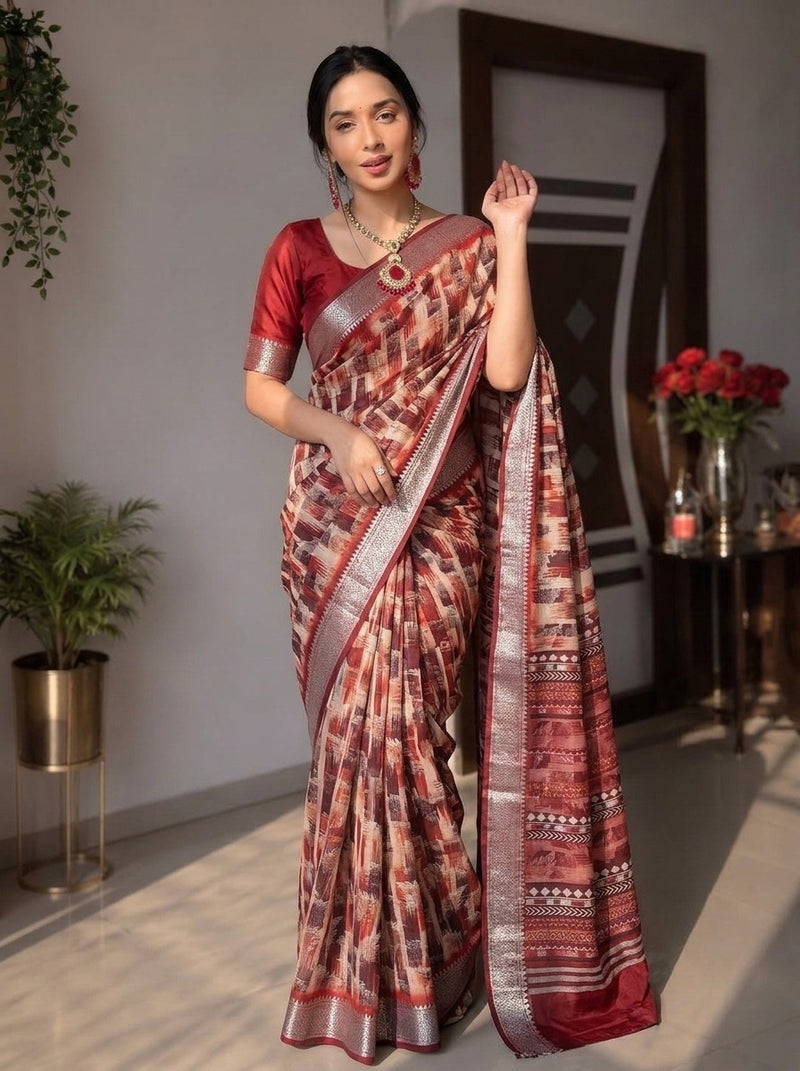 Maroon printed saree with blouse piece