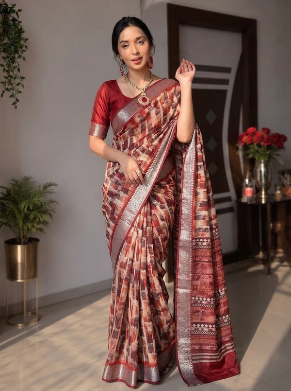 Maroon printed saree with blouse piece