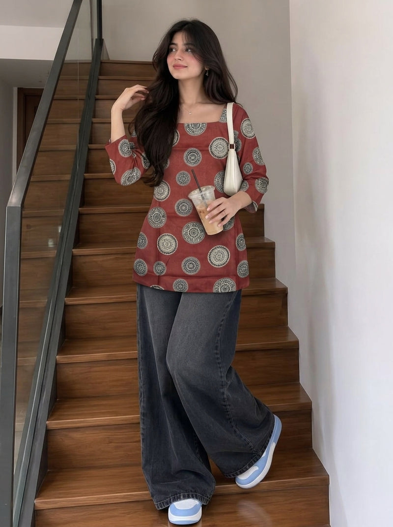 Rust printed short kurti