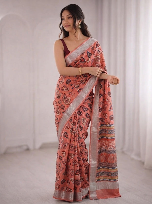 Peach printed saree with blouse piece