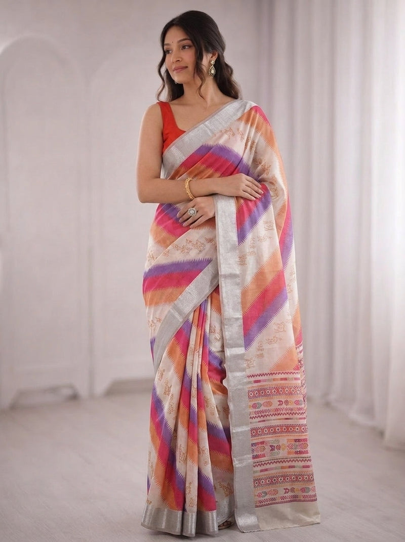 White printed saree with blouse piece