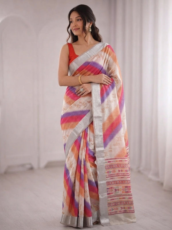 White printed saree with blouse piece