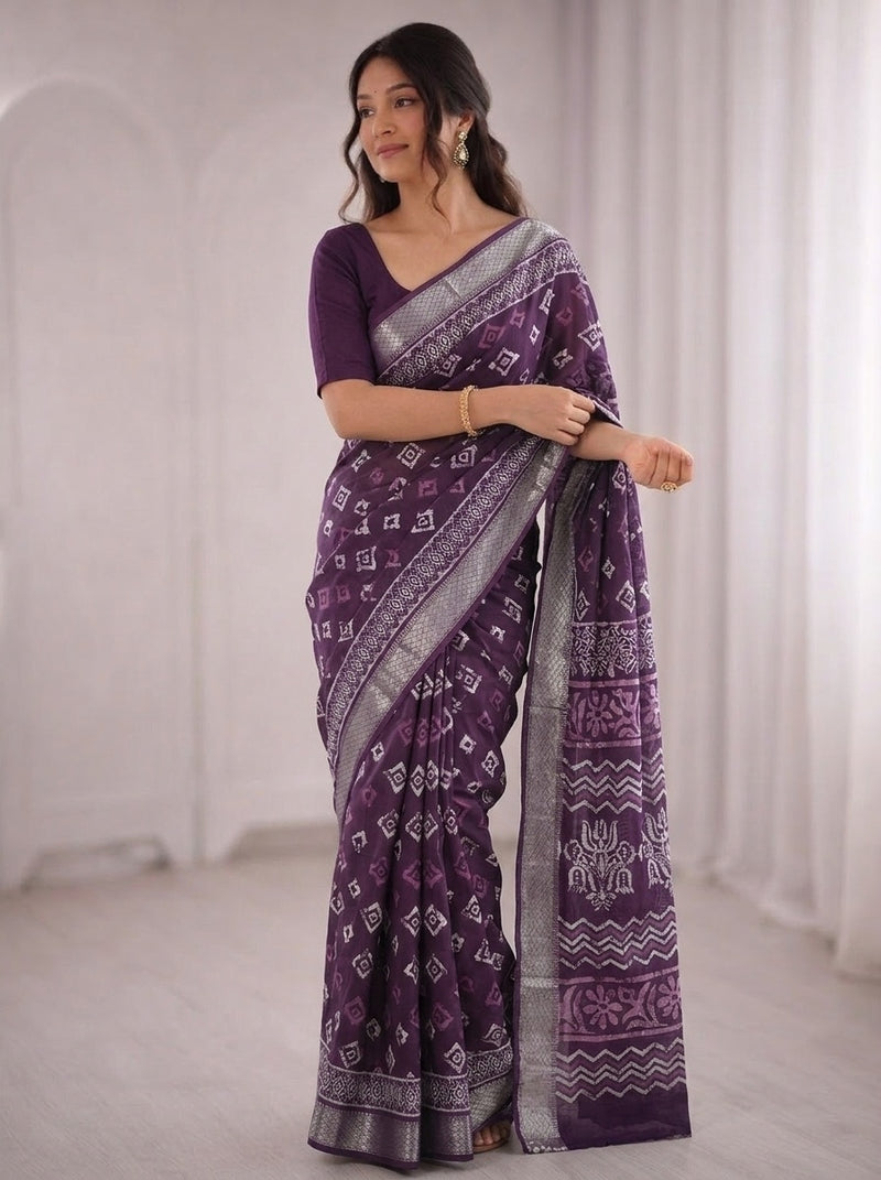 Purple printed saree with blouse piece