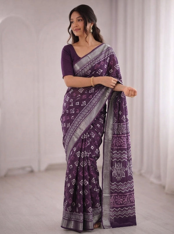 Purple printed saree with blouse piece