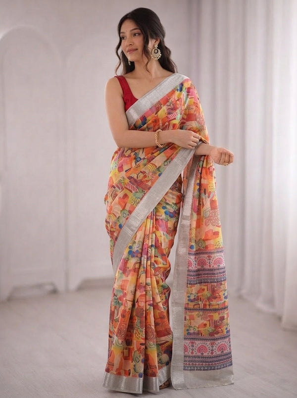 Mustard printed saree with blouse piece