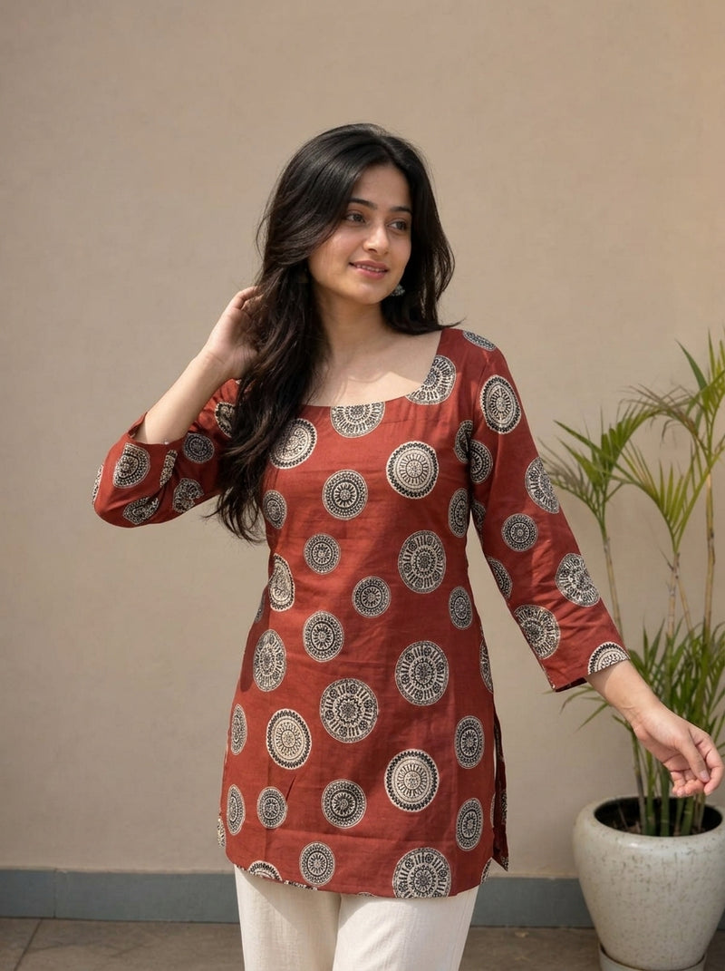 Rust printed short kurti