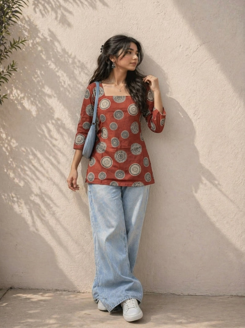 Rust printed short kurti