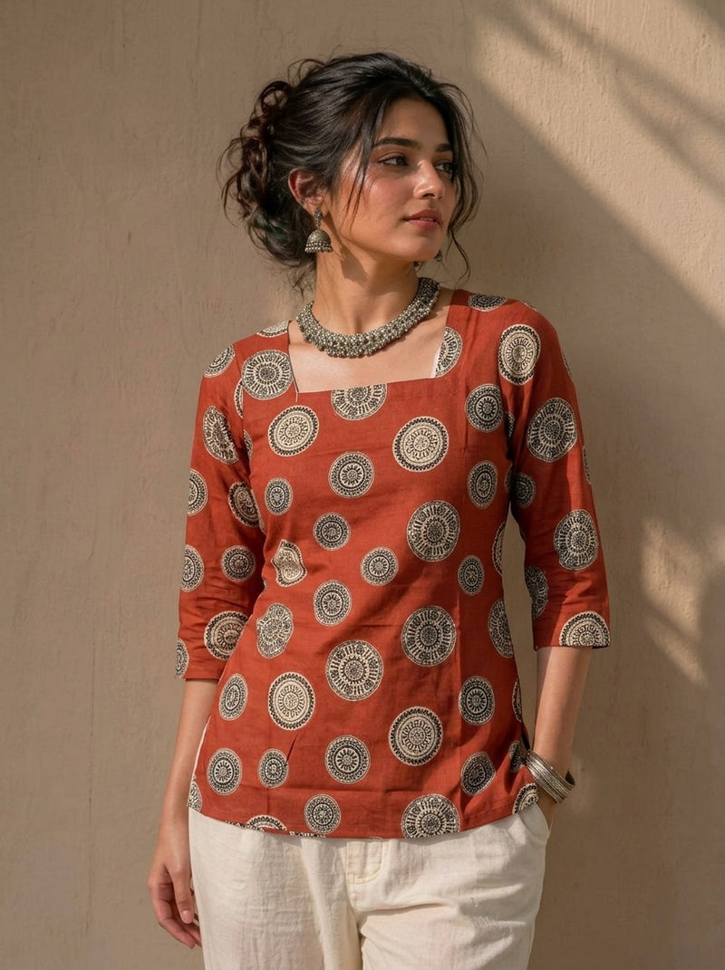 Rust printed short kurti