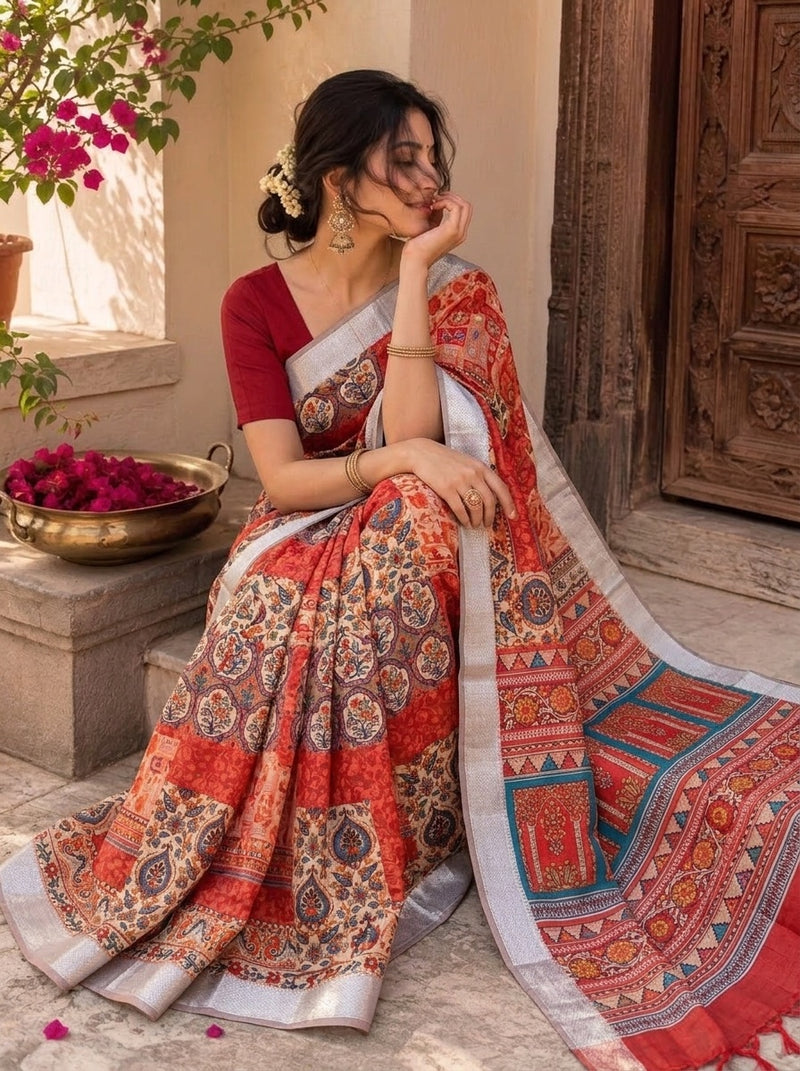 Rust printed saree with blouse piece