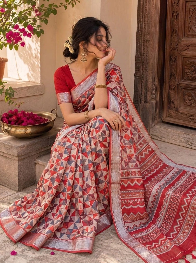 White printed saree with blouse piece