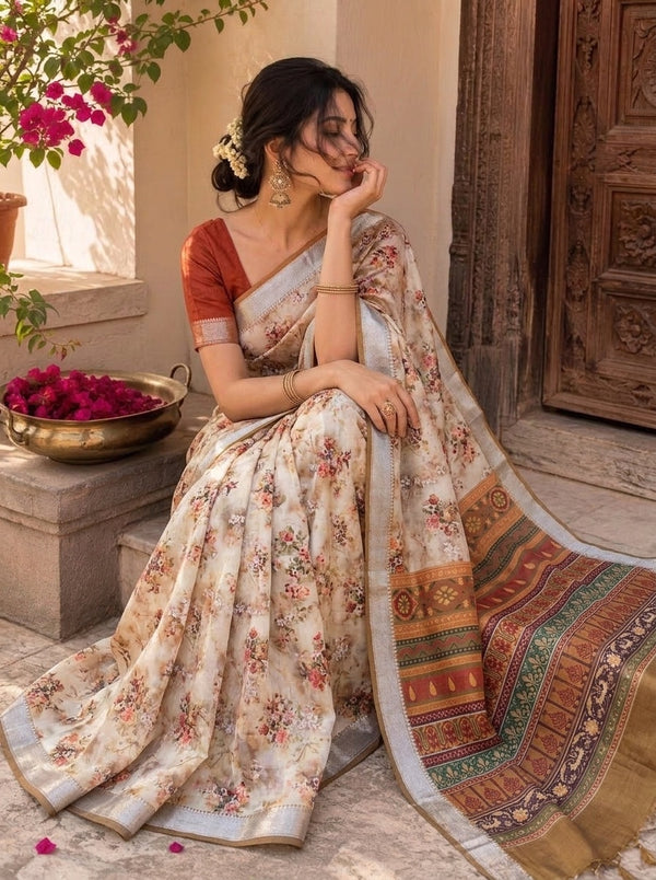 Cream printed saree with blouse piece