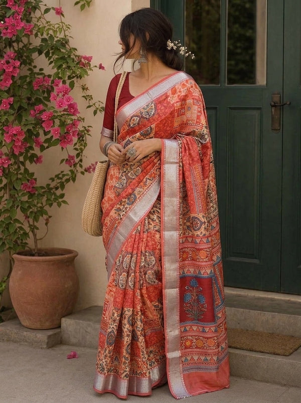 Rust printed saree with blouse piece