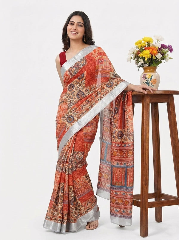 Rust printed saree with blouse piece