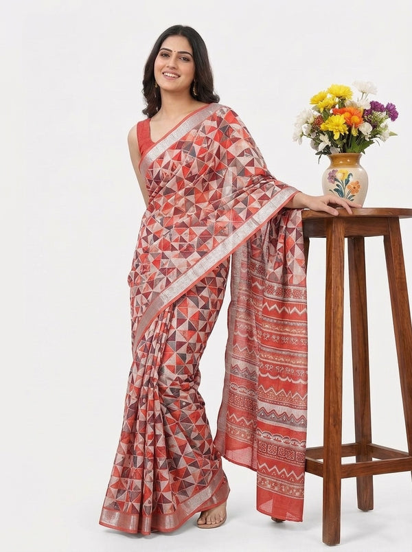 White printed saree with blouse piece