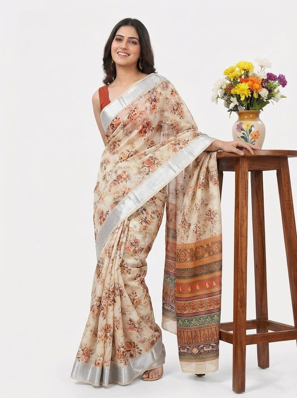 Cream printed saree with blouse piece