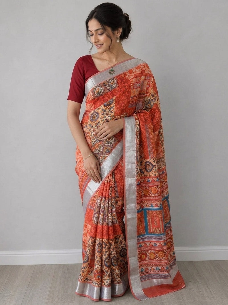 Rust printed saree with blouse piece