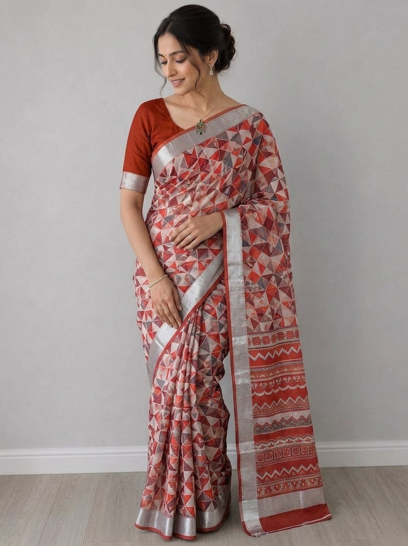 White printed saree with blouse piece