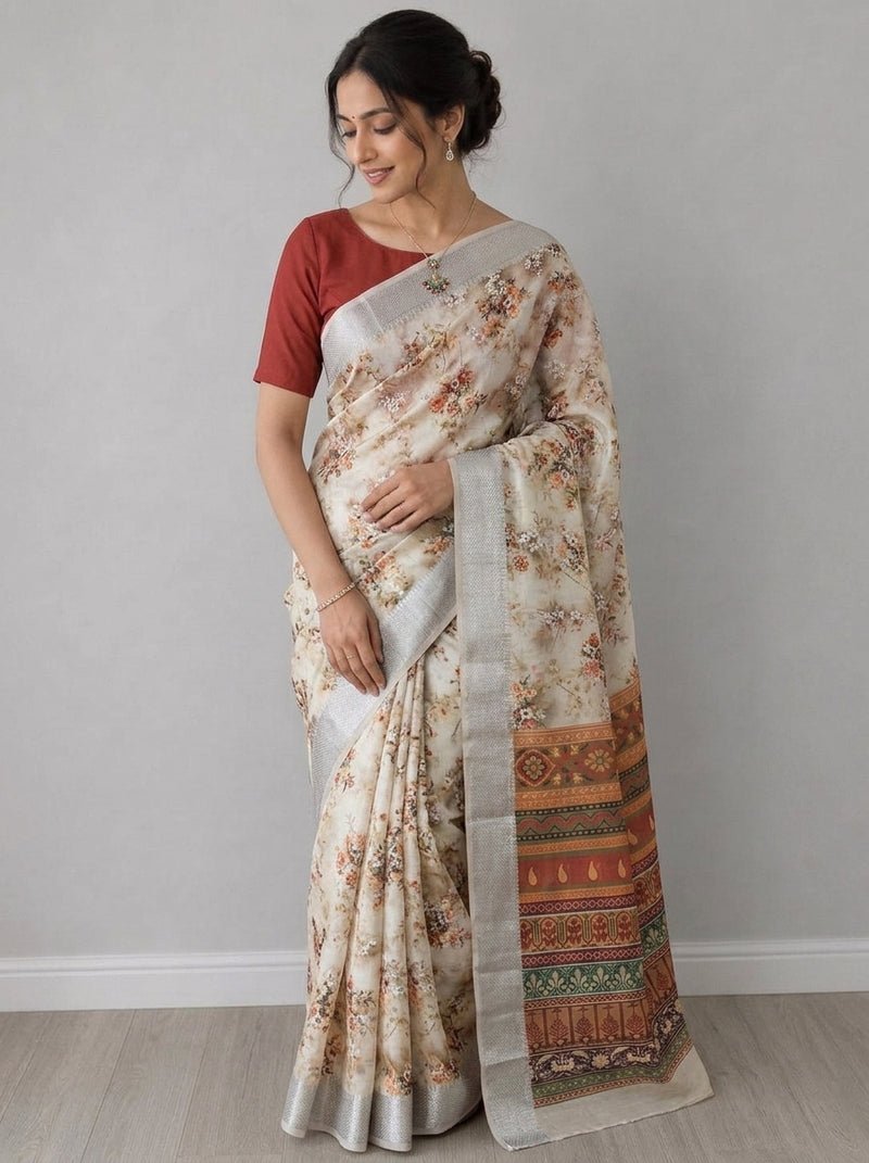 Cream printed saree with blouse piece