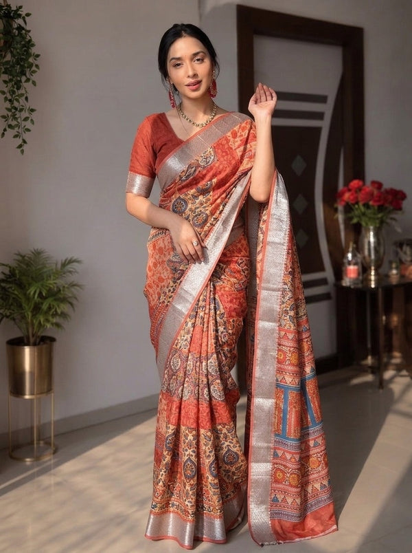 Rust printed saree with blouse piece