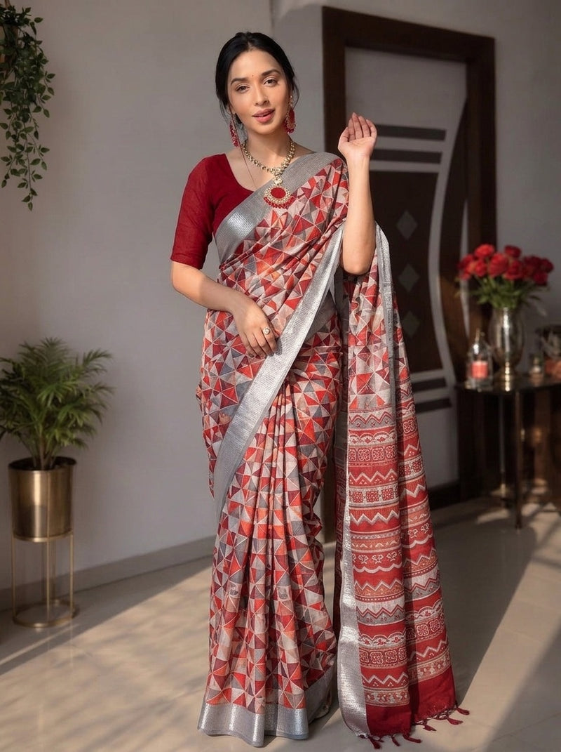 White printed saree with blouse piece