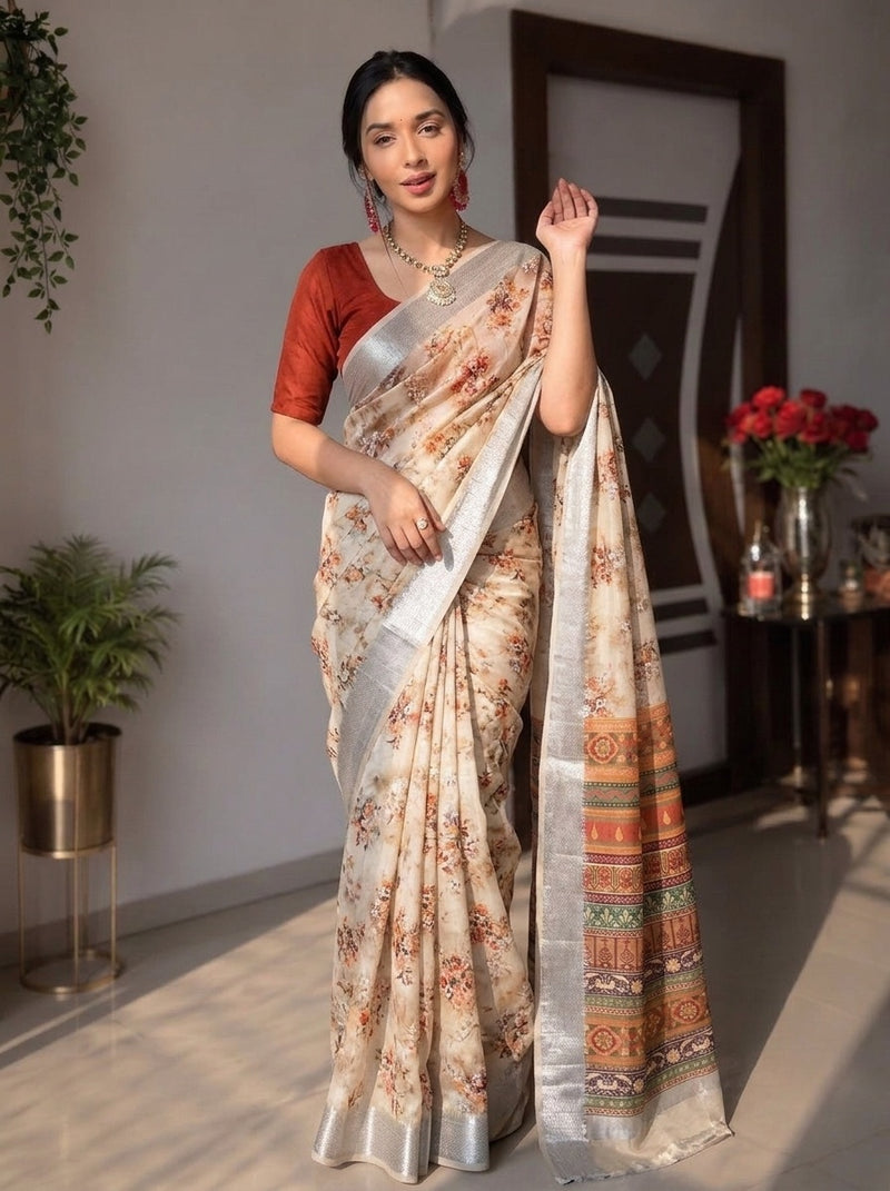 Cream printed saree with blouse piece