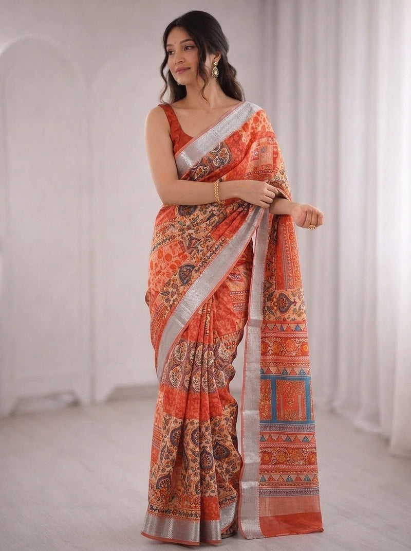 Rust printed saree with blouse piece